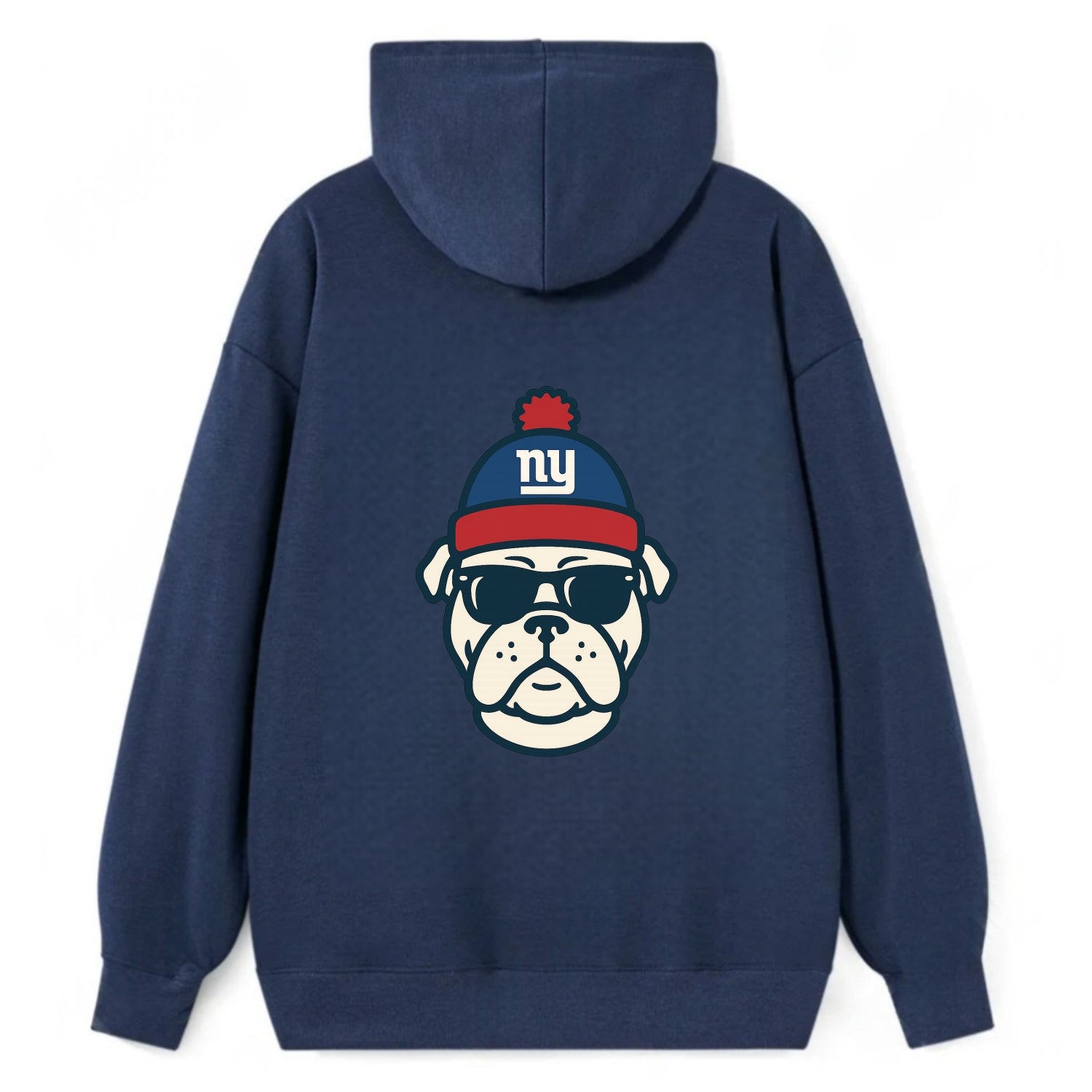 New York Bulldog wearing Giants blue and red beanie with pom pom and - Classic Pullover Hoodie - Navy