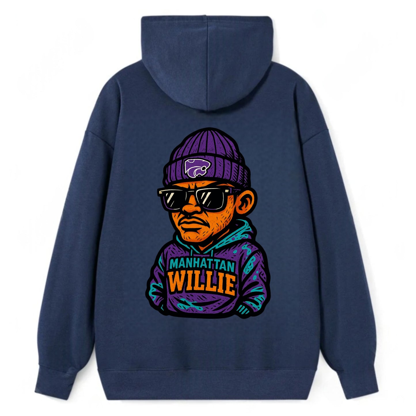 Manhattan Willie wearing Kansas State beanie with powercat patch - Classic Pullover Hoodie - Navy
