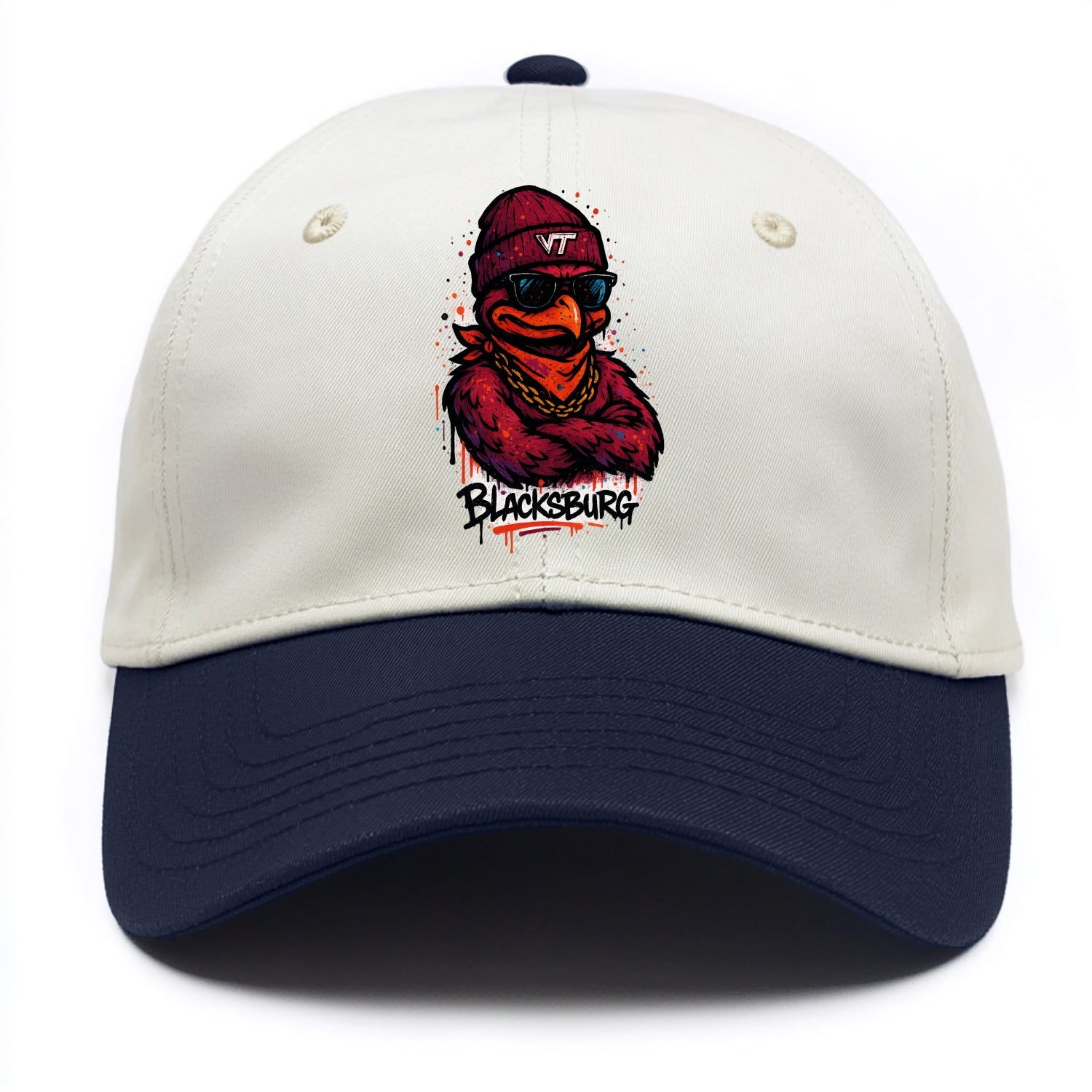 Blacksburg HokieBird wearing Virginia Tech beanie with VT patch - Two Tone Cap - Navy