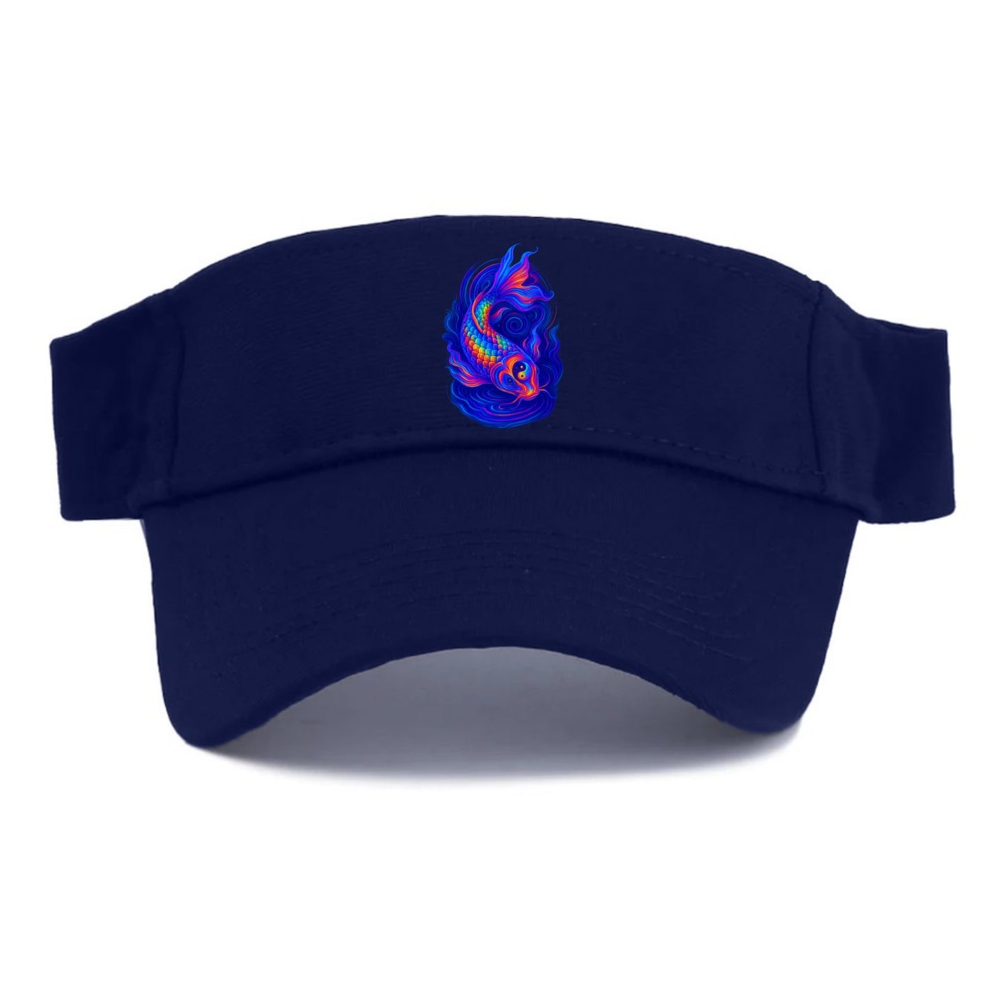 Sacred koi with scales reflecting rainbow prisms, yin-yang patterns in cosmic colors, - Visor - Navy