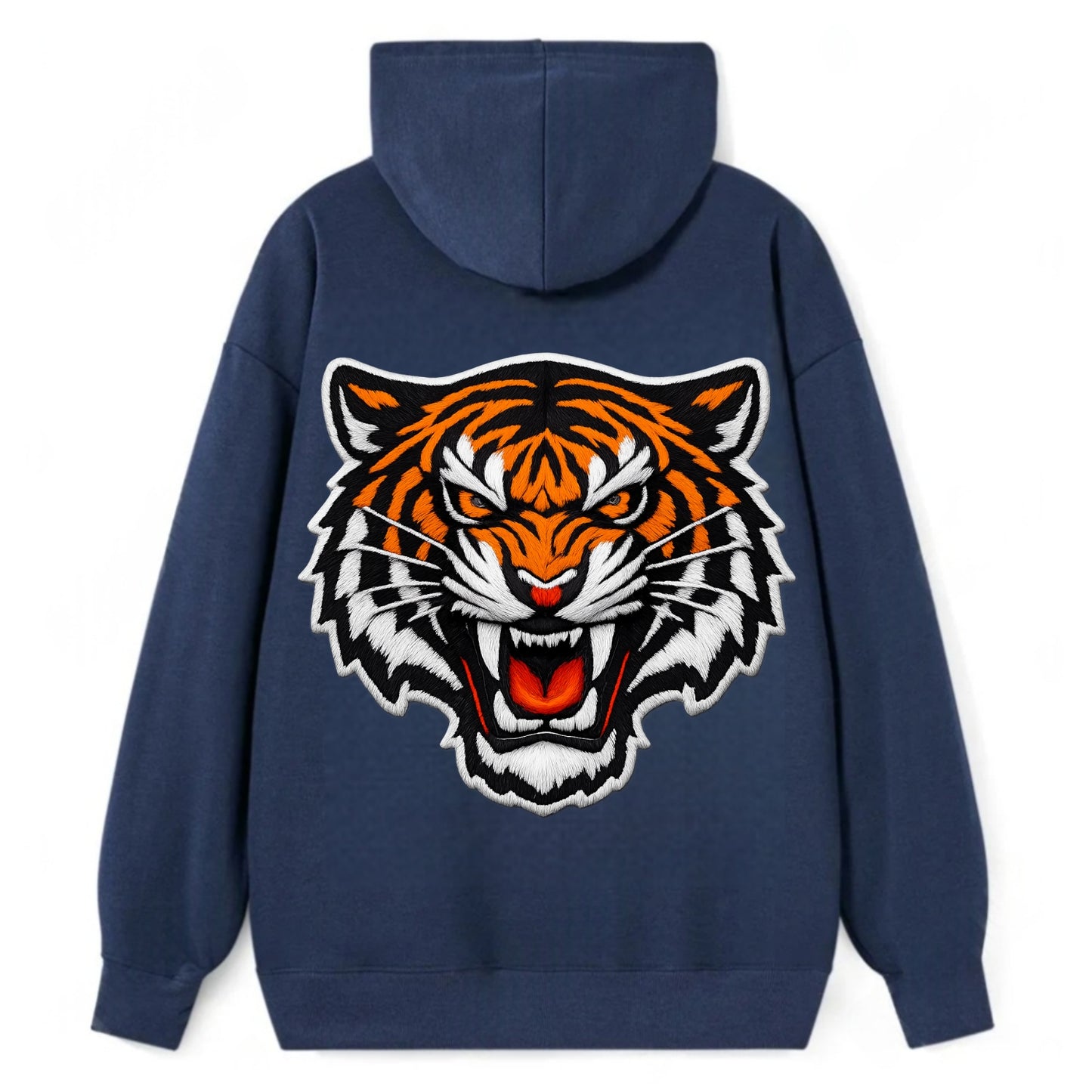 TIGER STRIPES FACE - fierce tiger face in orange, black and white , - Classic Pullover Hoodie - Navy
