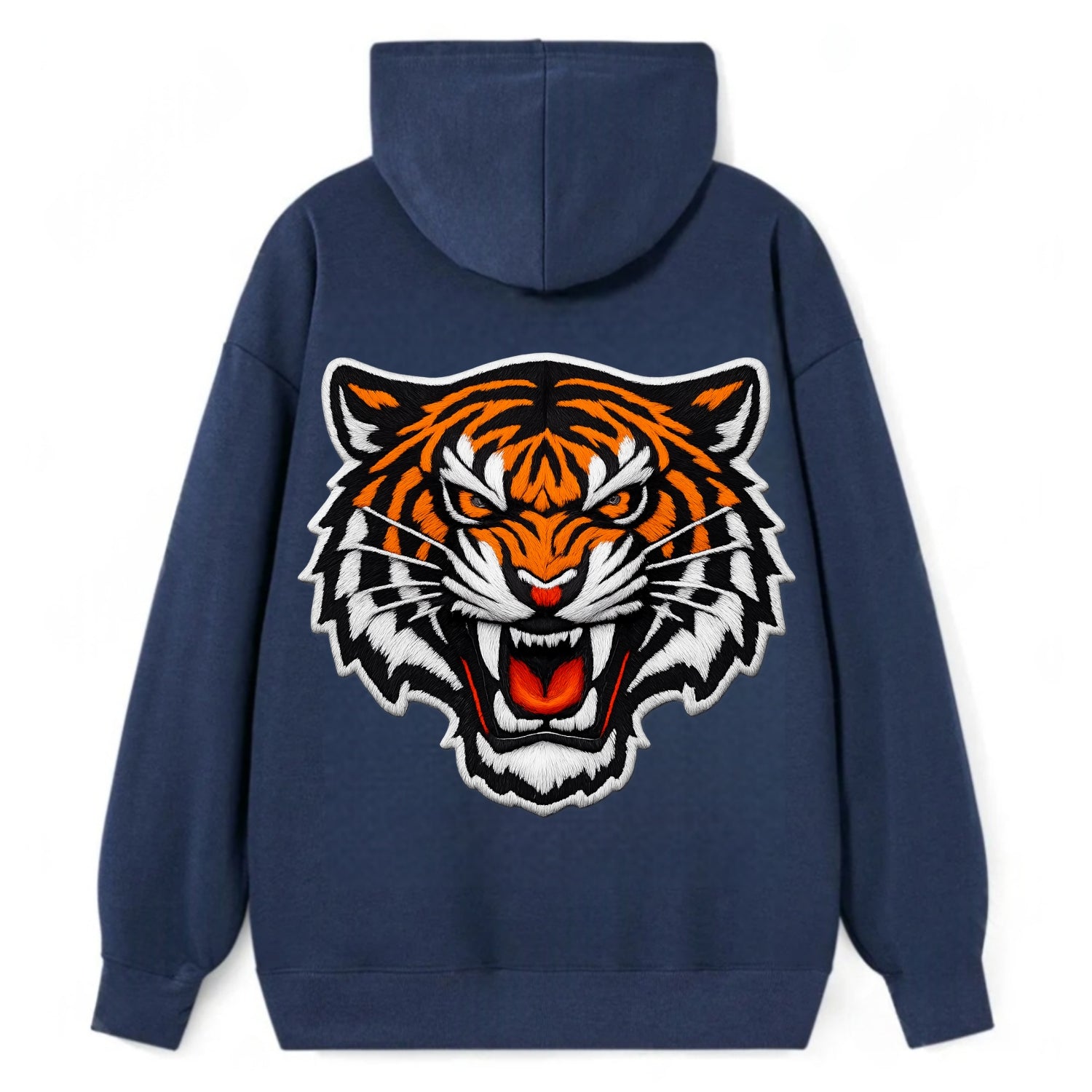 TIGER STRIPES FACE - fierce tiger face in orange, black and white , - Classic Pullover Hoodie - Navy