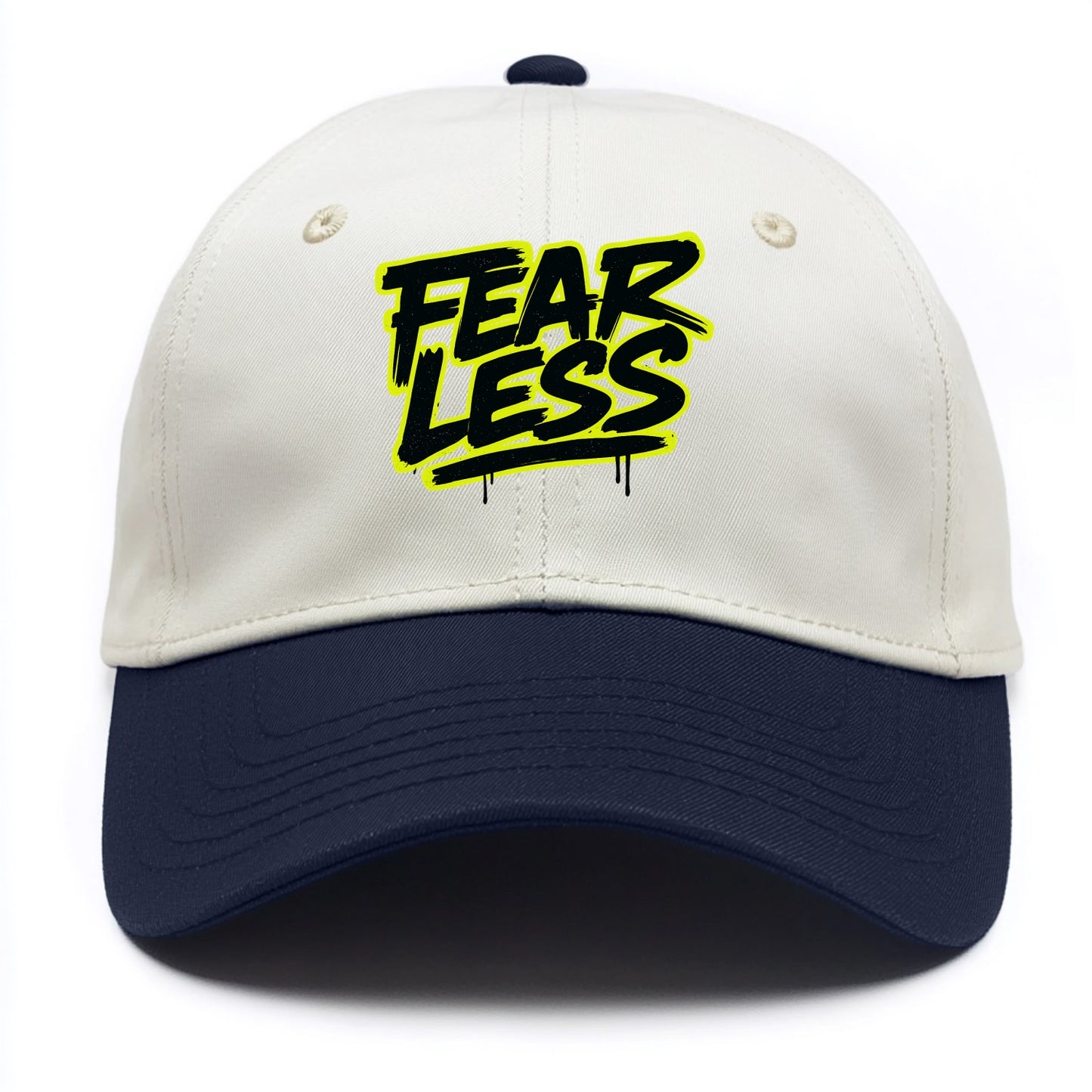 Bold typography design - "FEARLESS" - courage, bravery, facing challenges head on - Two Tone Cap - Navy