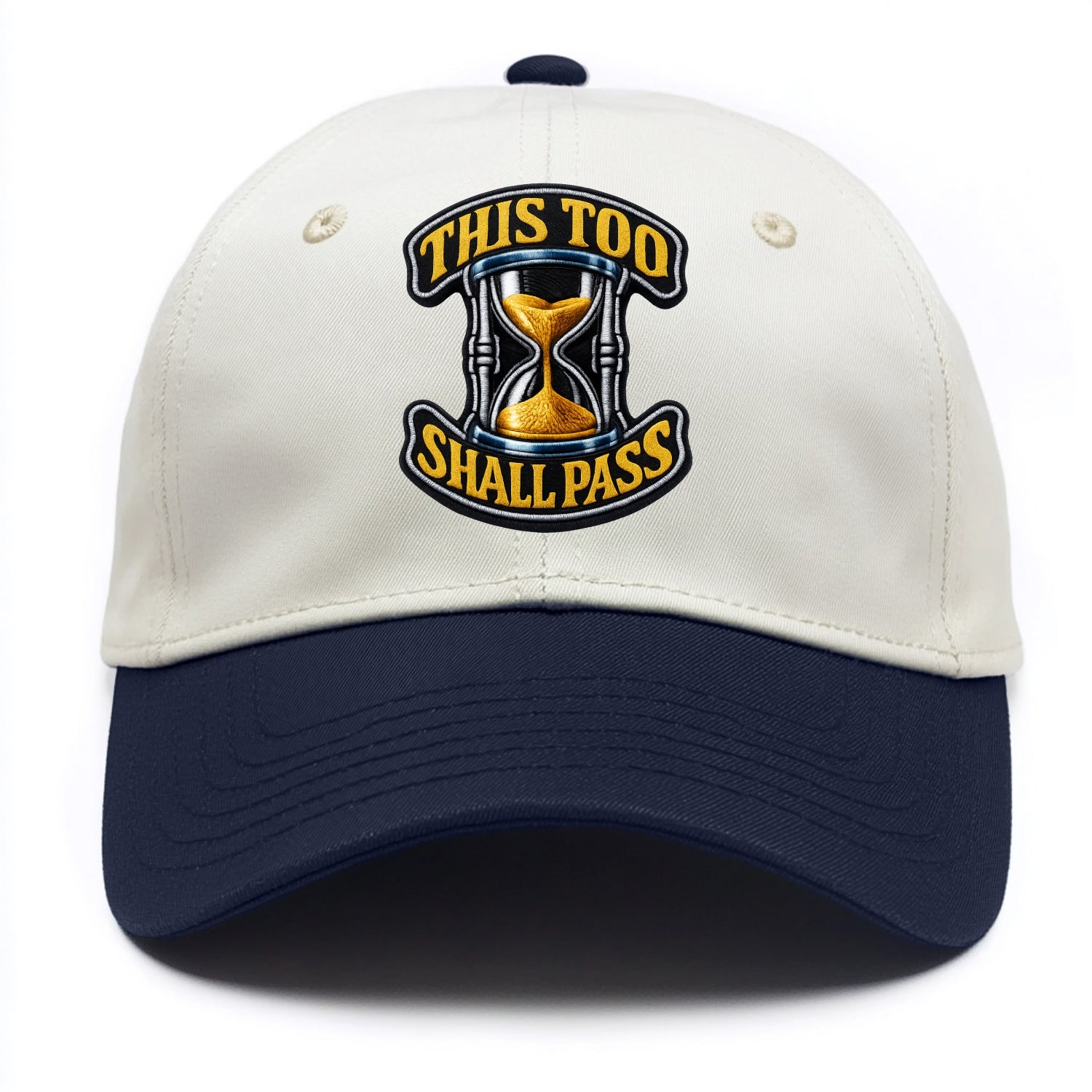 THIS TOO SHALL PASS - hourglass with text in gold , perspective - Two Tone Cap - Navy