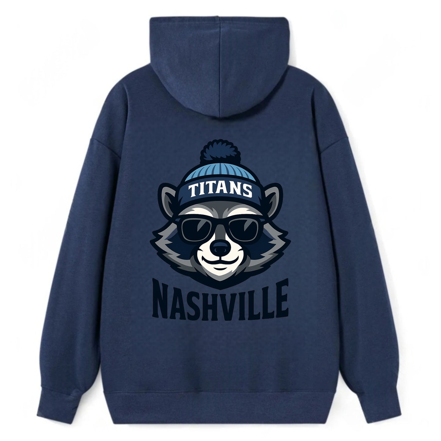 Nashville Raccoon wearing Titans navy and light blue beanie with pom pom - Classic Pullover Hoodie - Navy