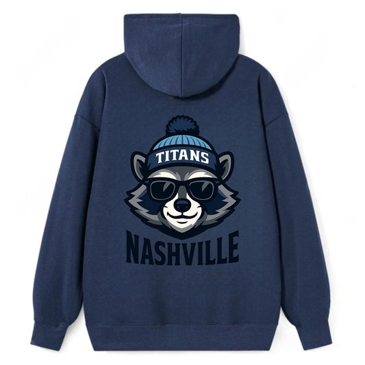 Nashville Raccoon wearing Titans navy and light blue beanie with pom pom - Classic Pullover Hoodie - Navy
