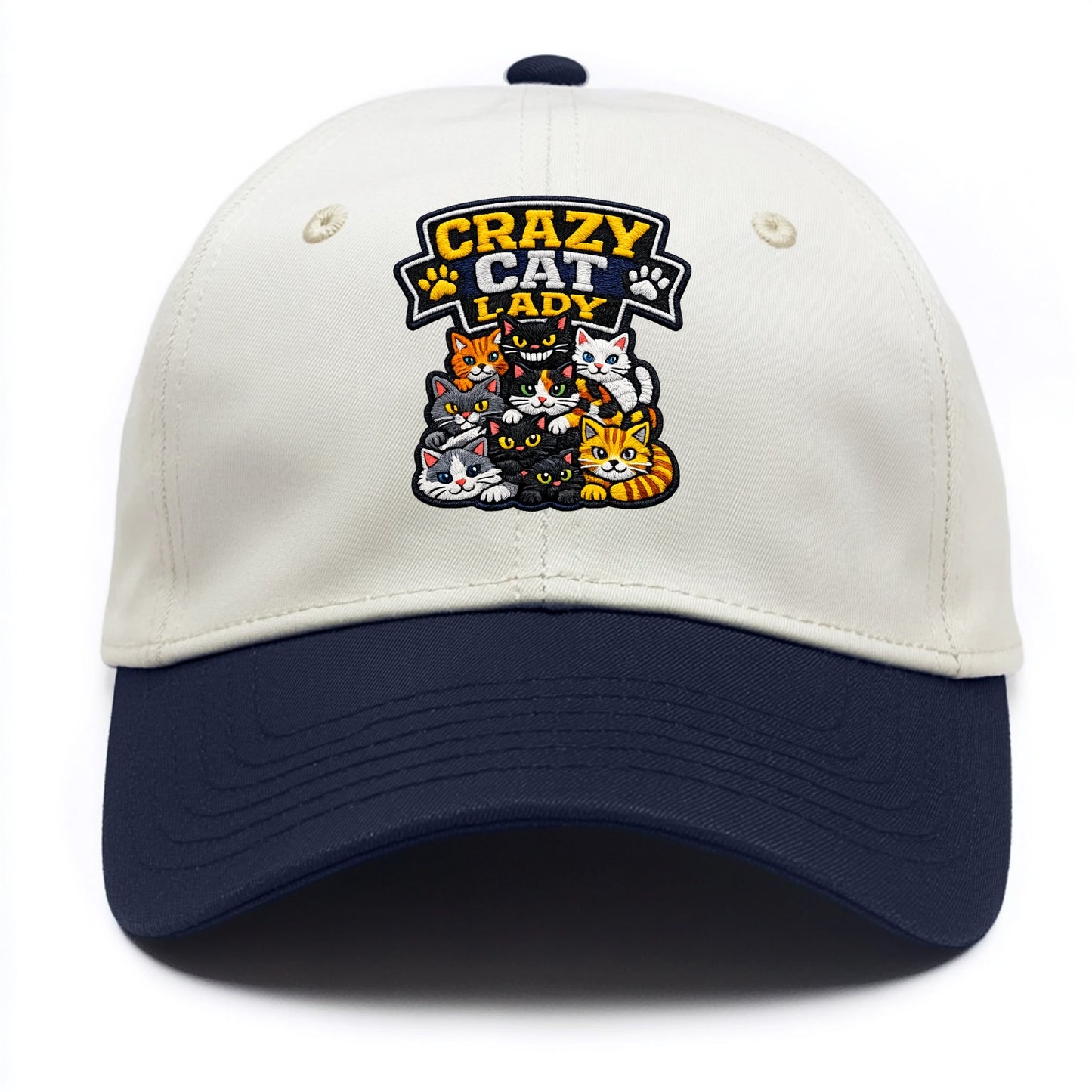 CRAZY CAT LADY - cat pile in multicolor , cat collector - Two Tone Cap - Navy