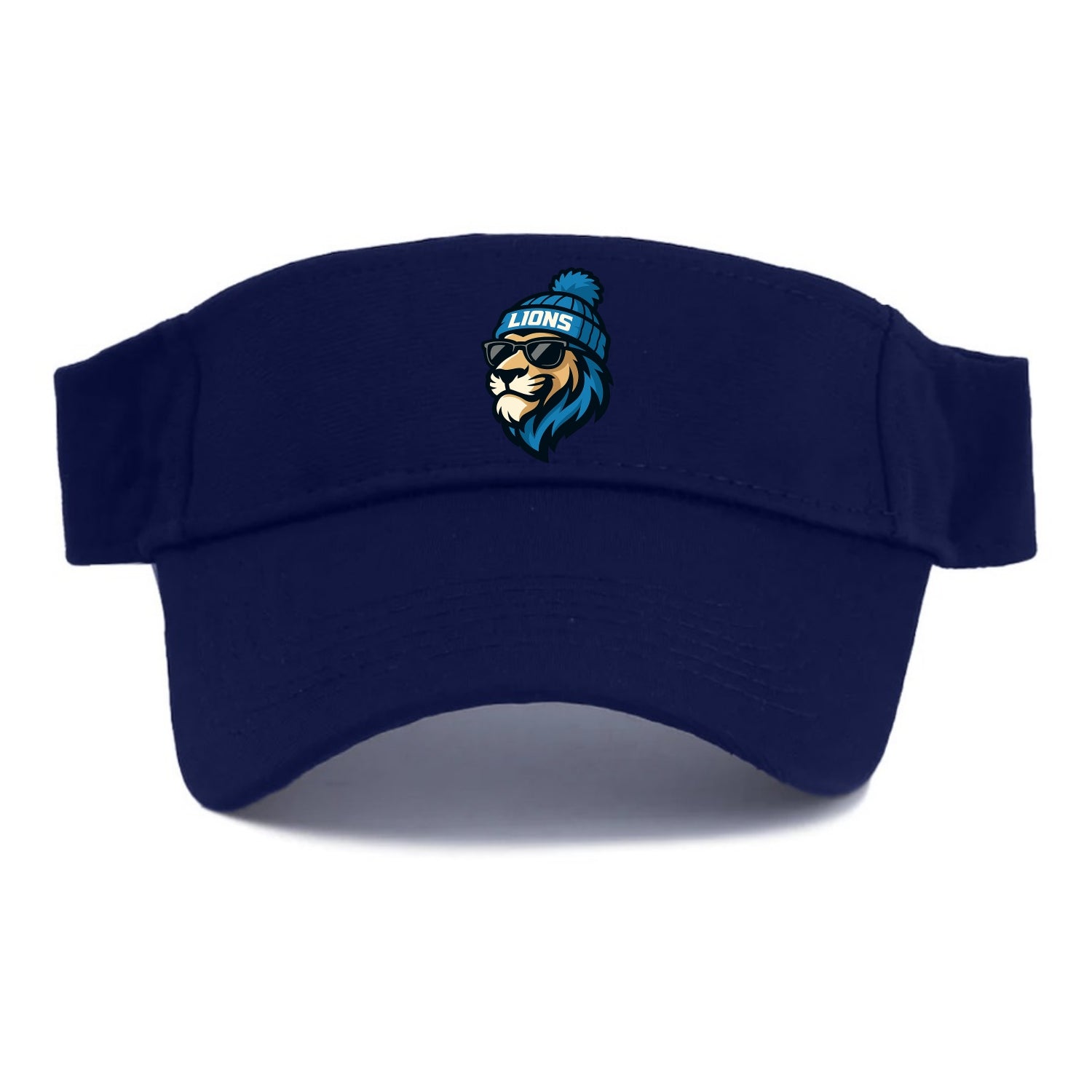 Detroit Lion wearing Lions Honolulu blue and silver beanie with pom pom and wayfarer - Visor - Navy