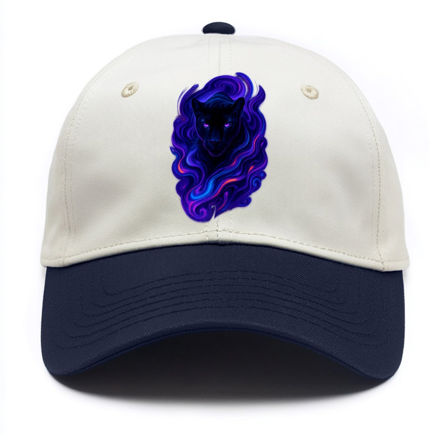 Sleek black panther emerging from swirls of deep purple and electric blue, - Two Tone Cap - Navy
