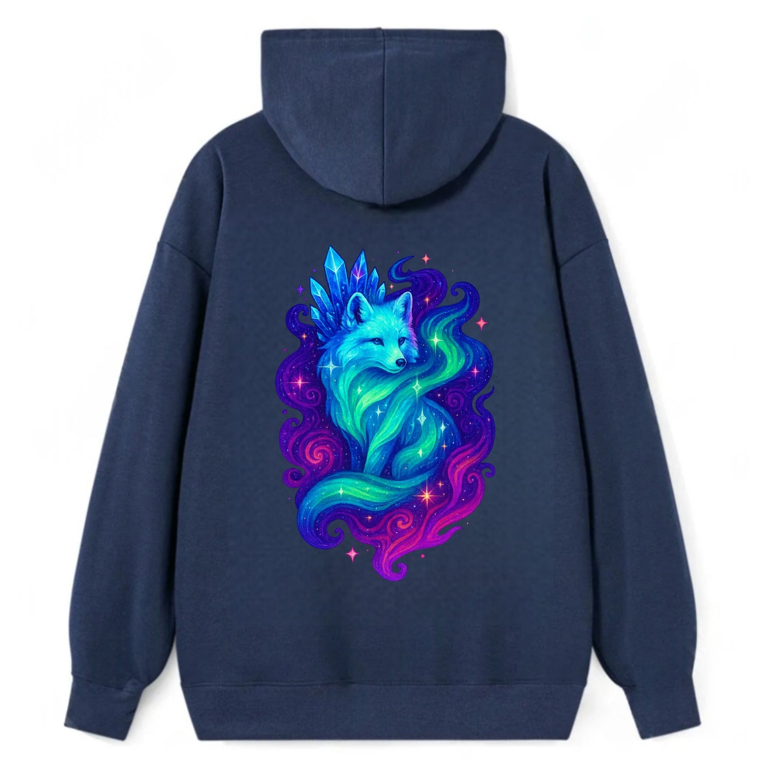 Ethereal arctic fox with fur that transforms into crystal formations, - Classic Pullover Hoodie - Navy