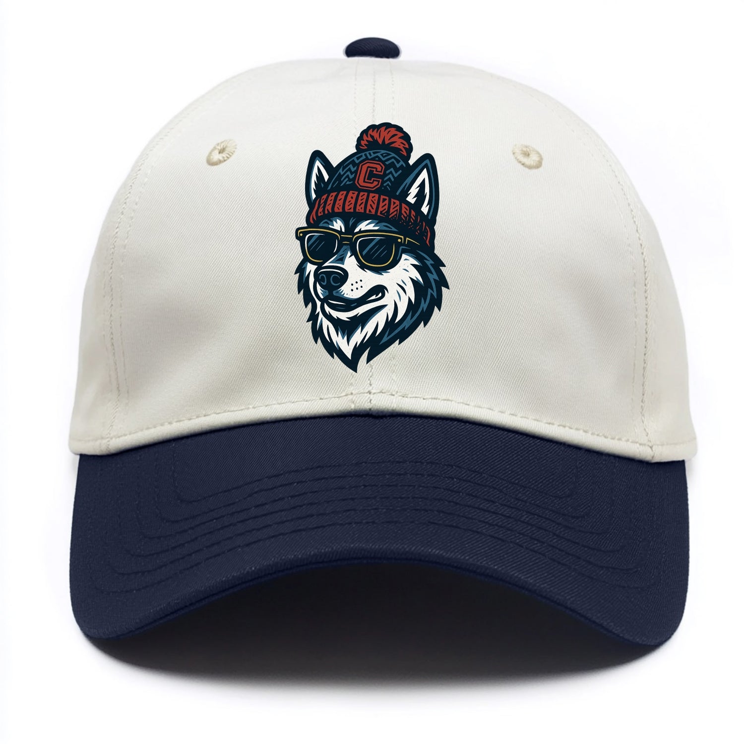 Storrs Husky wearing UConn beanie with C patch - Two Tone Cap - Navy