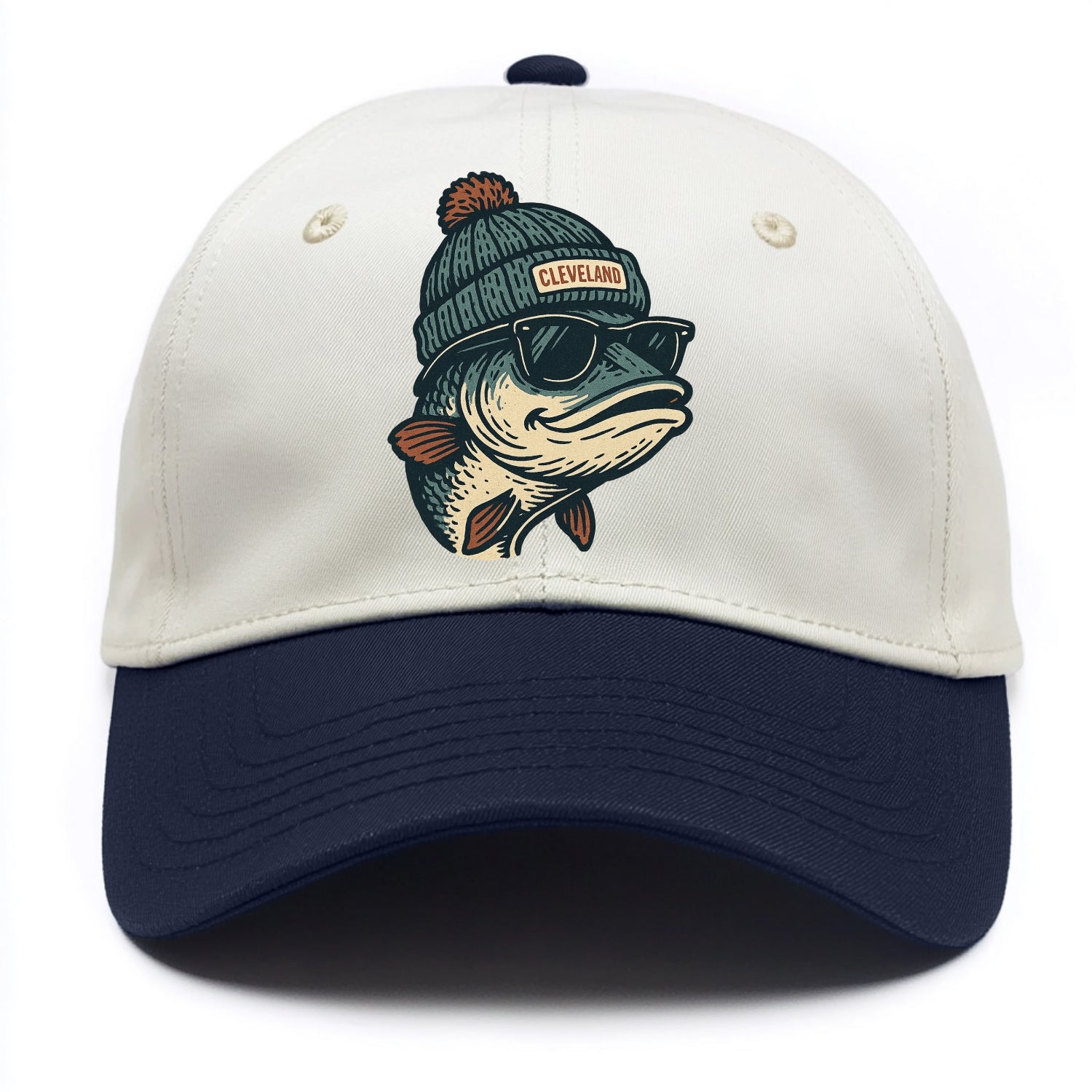 Cleveland Lake Erie Walleye wearing Cleveland beanie with pom pom and wayfarer - Two Tone Cap - Navy