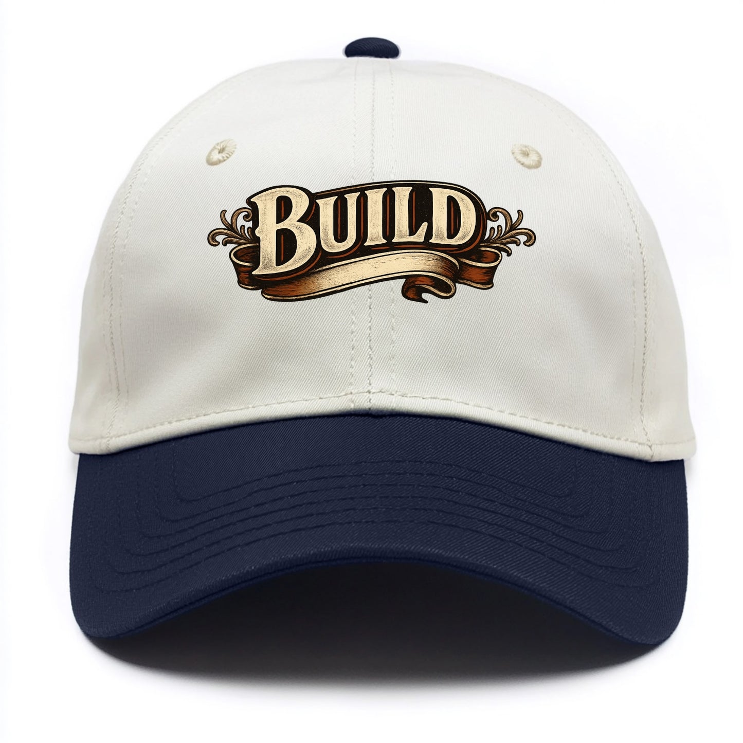 Bold typography design - "BUILD" - constructing, making real - Two Tone Cap - Navy