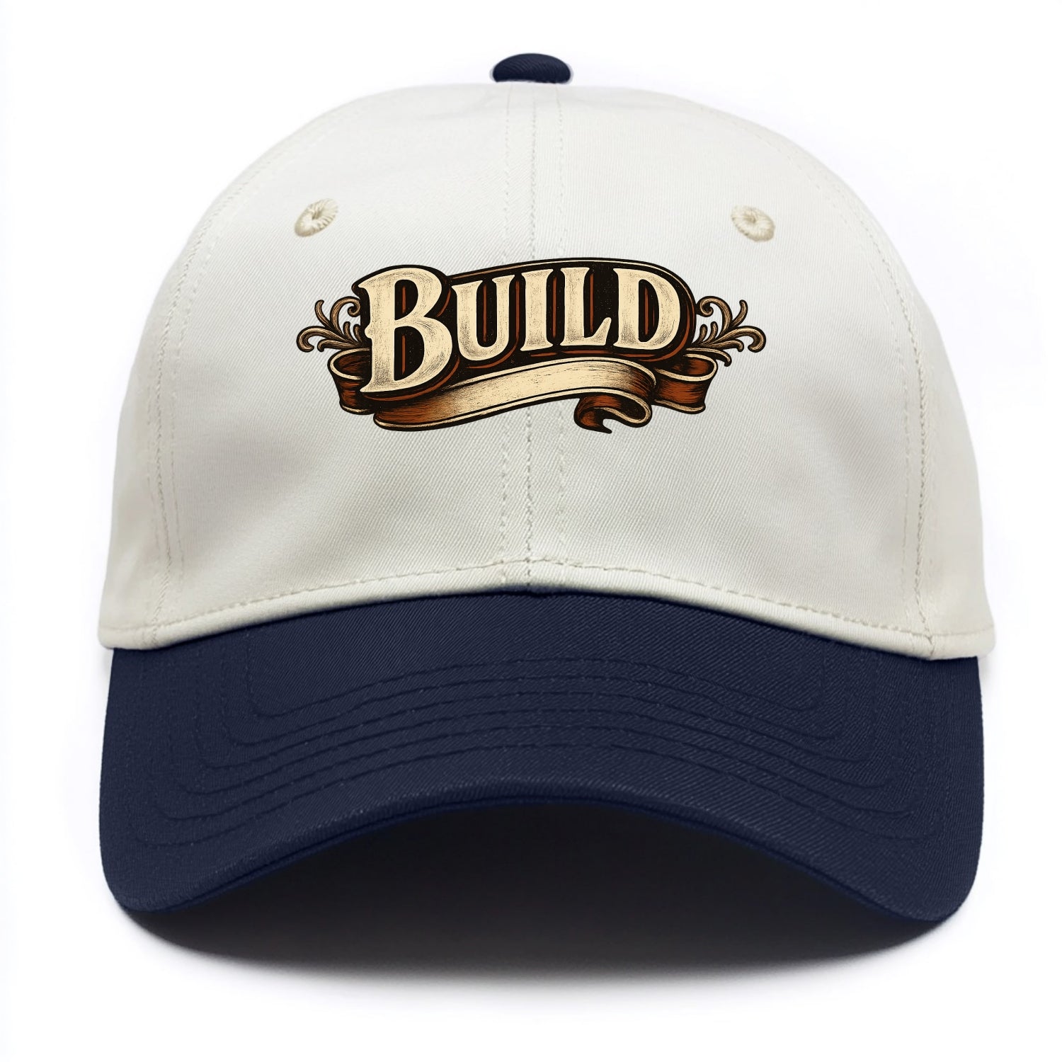 Bold typography design - "BUILD" - constructing, making real - Two Tone Cap - Navy