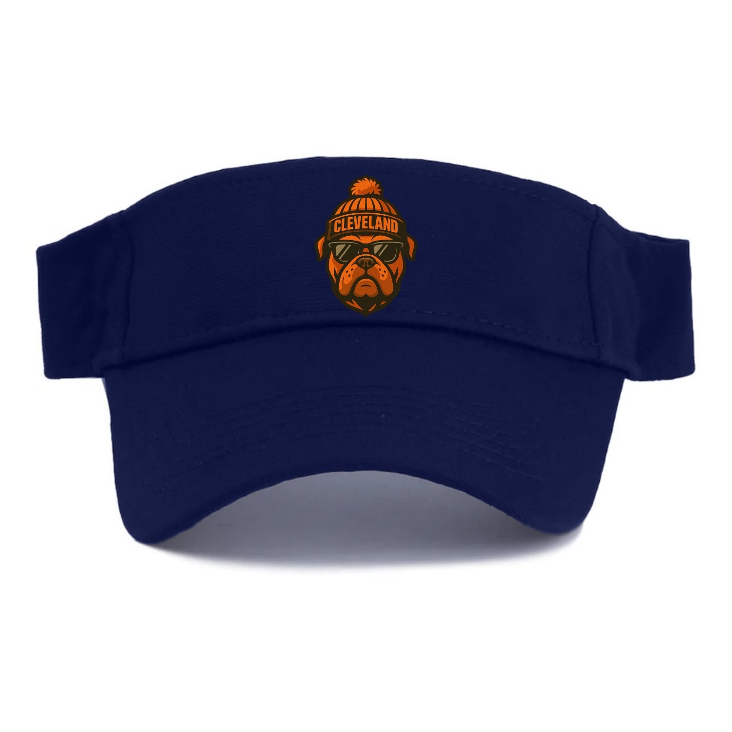 Cleveland Bulldog wearing Browns orange and brown beanie with pom pom and wayfarer - Visor - Navy