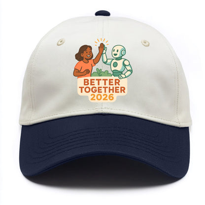 Human and AI robot high-fiving as collaborative partners - "Better Together 2026" - - Two Tone Cap - Navy