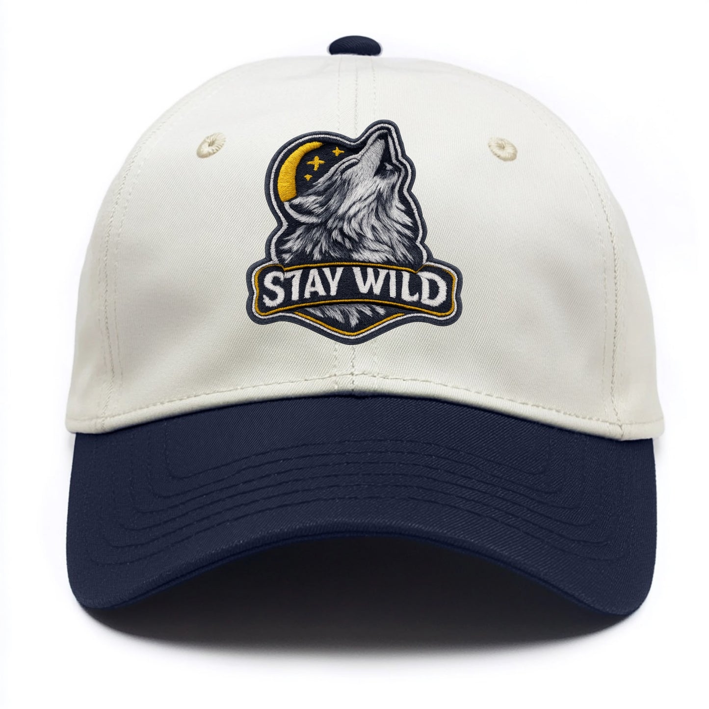 STAY WILD - wolf with text in gray , free spirit - Two Tone Cap - Navy