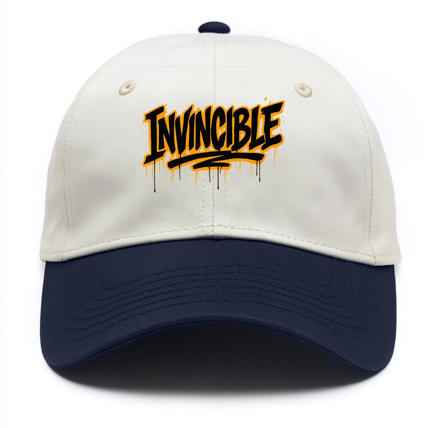 Bold typography design - "INVINCIBLE" - cannot be defeated, unconquerable - Two Tone Cap - Navy