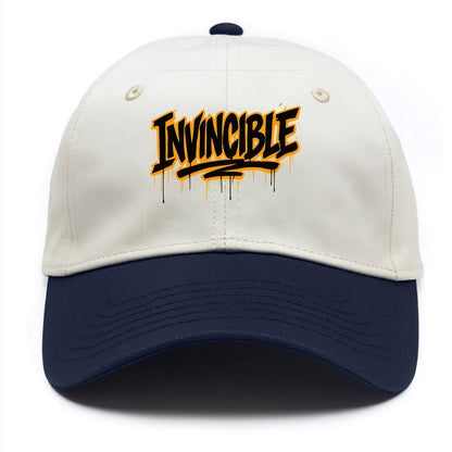 Bold typography design - "INVINCIBLE" - cannot be defeated, unconquerable - Two Tone Cap - Navy