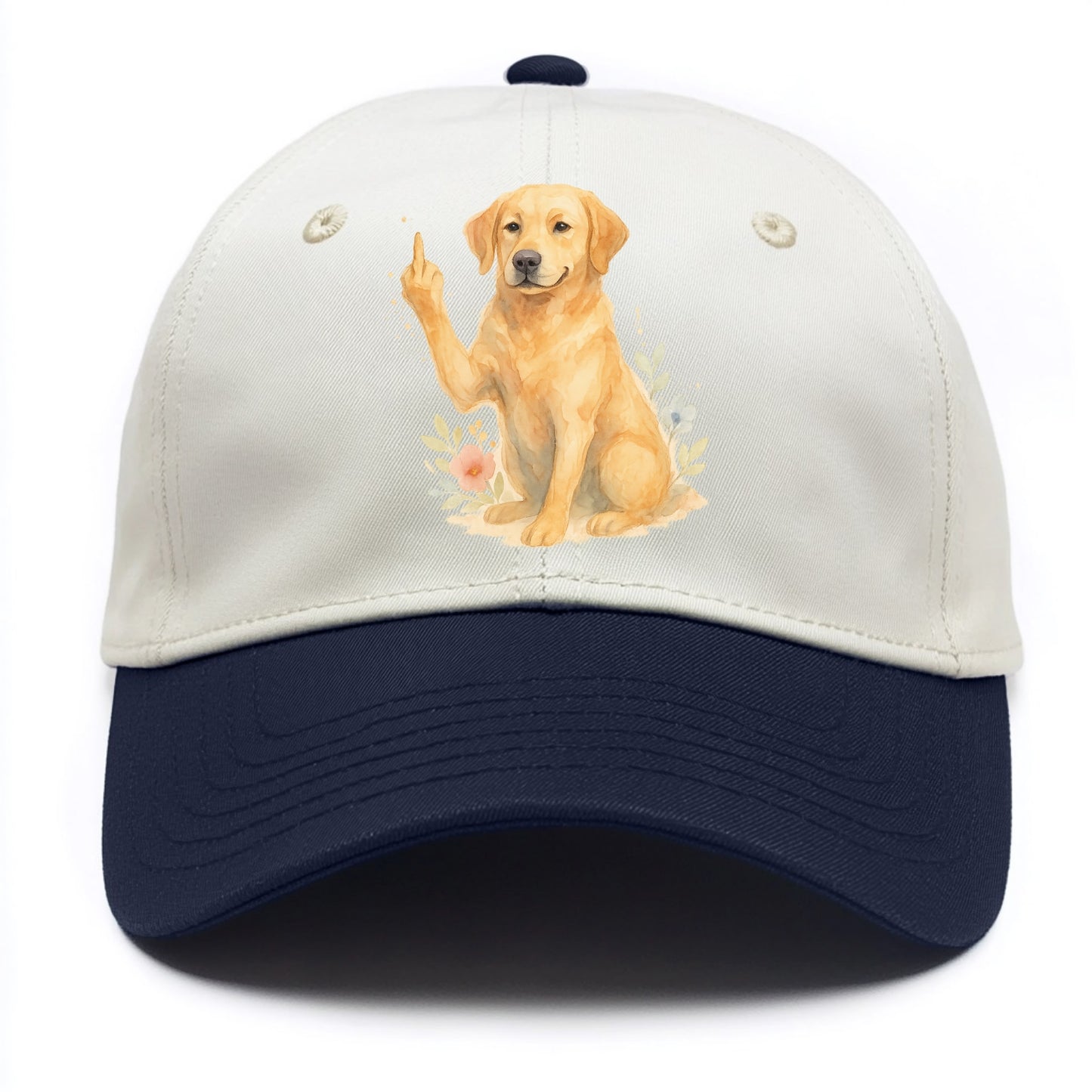 Labrador Retriever yellow sitting pretty, friendly face, strong paw up with sass - Two Tone Cap - Navy