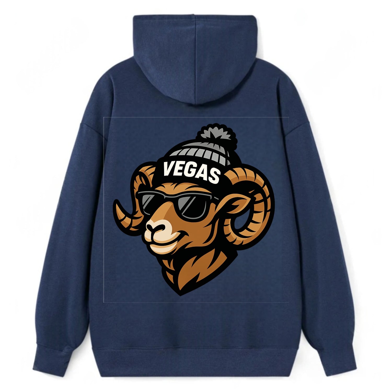 Vegas Desert Bighorn wearing Raiders silver and black beanie with pom pom - Classic Pullover Hoodie - Navy