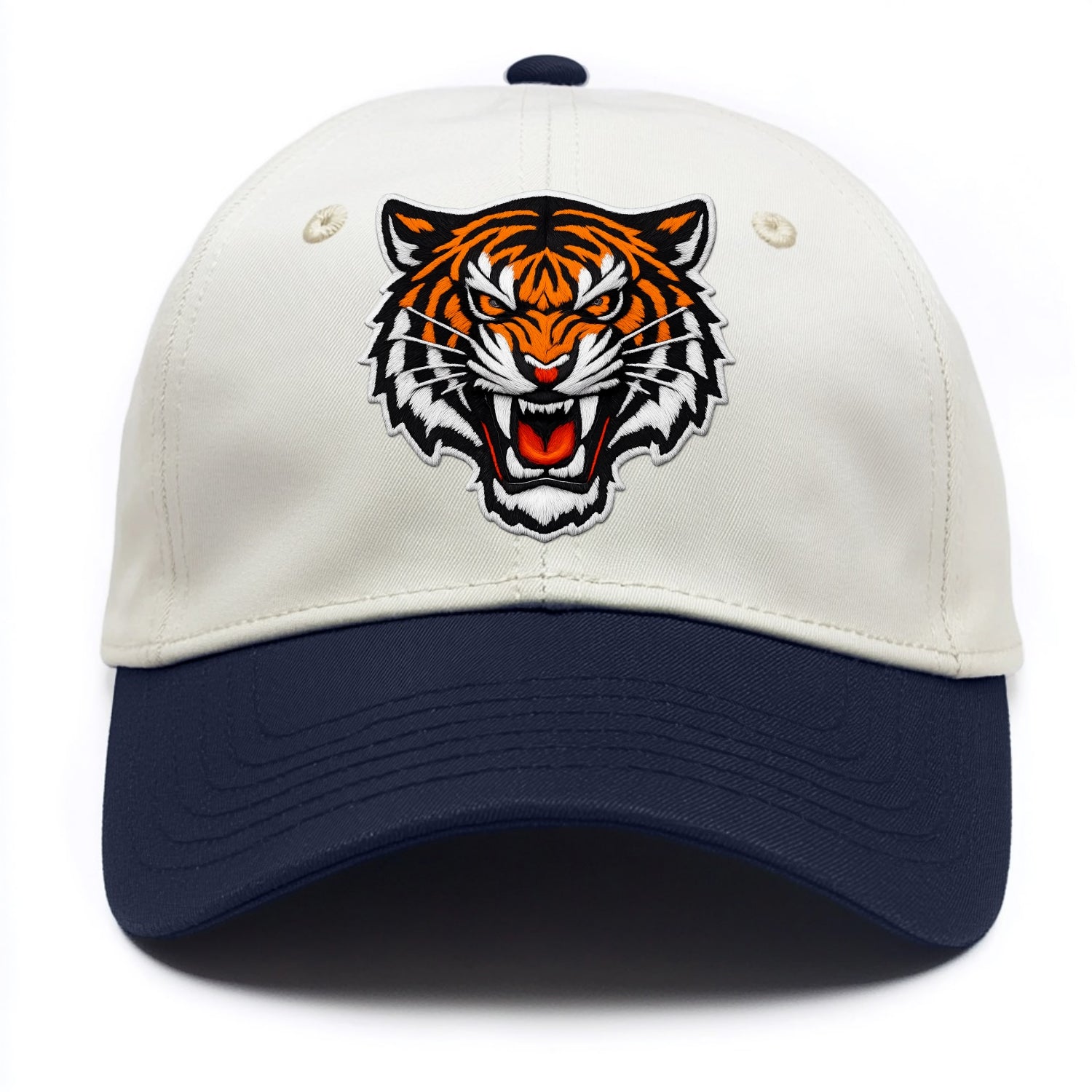 TIGER STRIPES FACE - fierce tiger face in orange, black and white , predator power - Two Tone Cap - Navy
