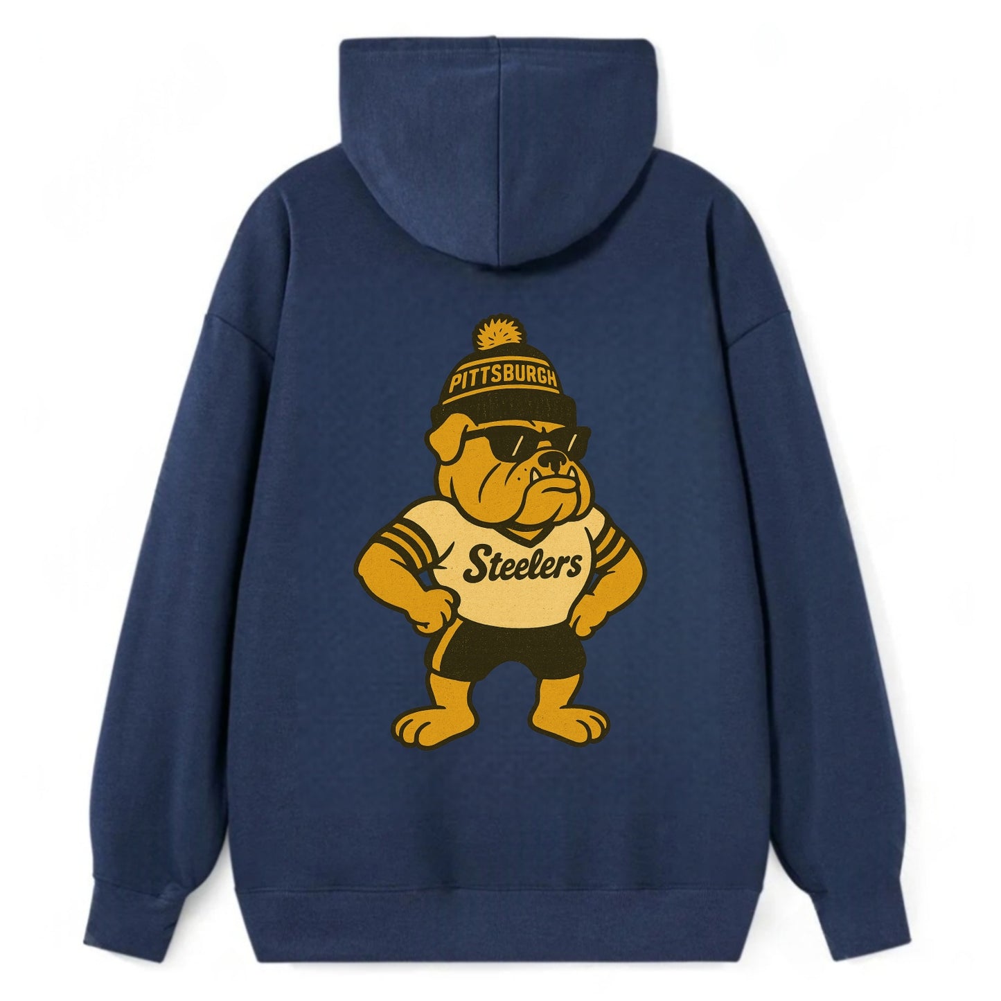 Pittsburgh Bulldog wearing Steelers black and gold beanie with pom pom - Classic Pullover Hoodie - Navy