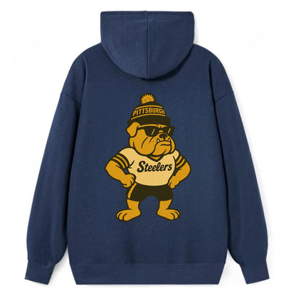Pittsburgh Bulldog wearing Steelers black and gold beanie with pom pom - Classic Pullover Hoodie - Navy