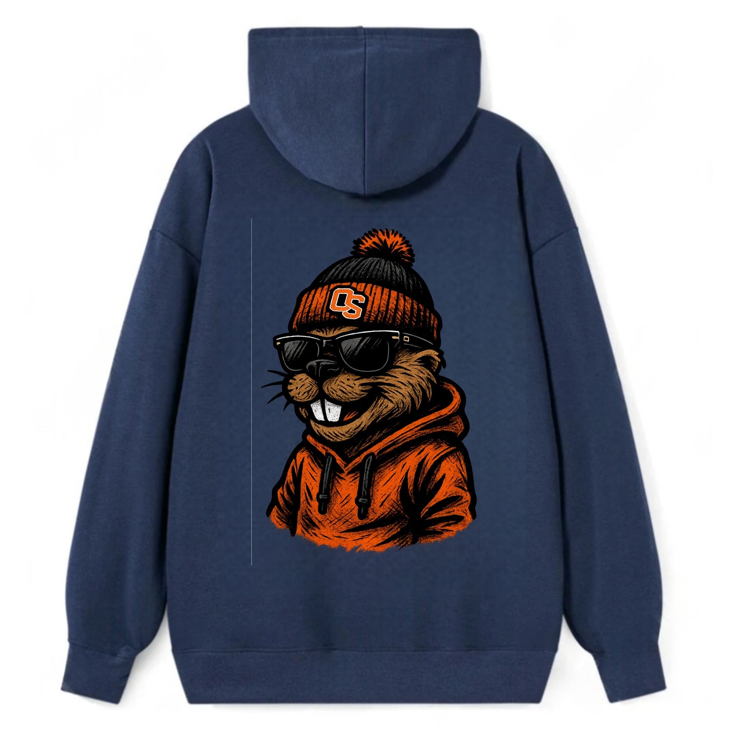 Corvallis Beaver wearing Oregon State beanie with OS patch - Classic Pullover Hoodie - Navy