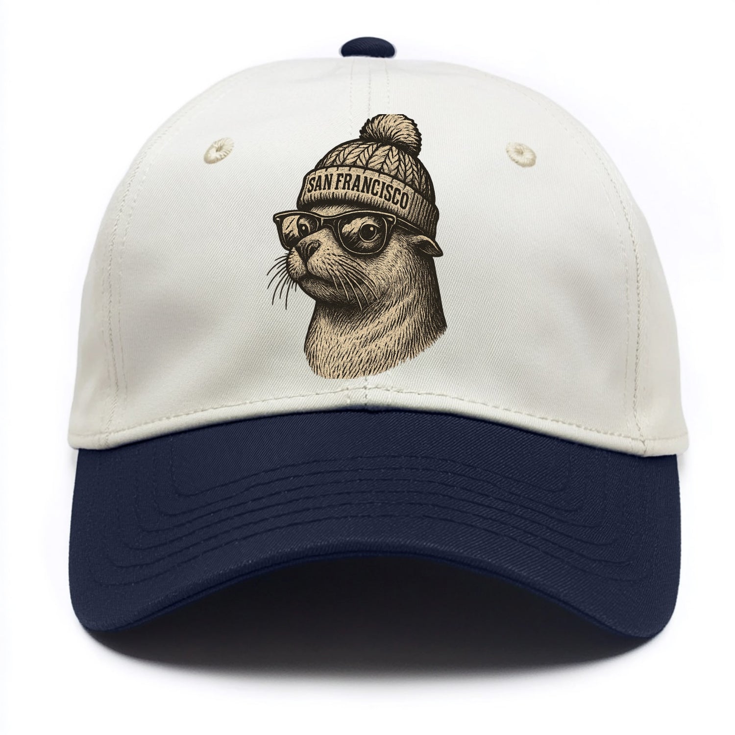San Francisco Sea Lion wearing San Francisco beanie with pom pom and wayfarer - Two Tone Cap - Navy