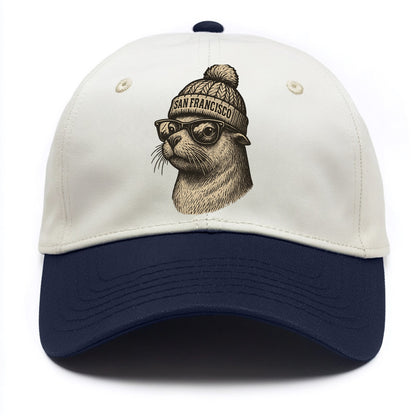 San Francisco Sea Lion wearing San Francisco beanie with pom pom and wayfarer - Two Tone Cap - Navy