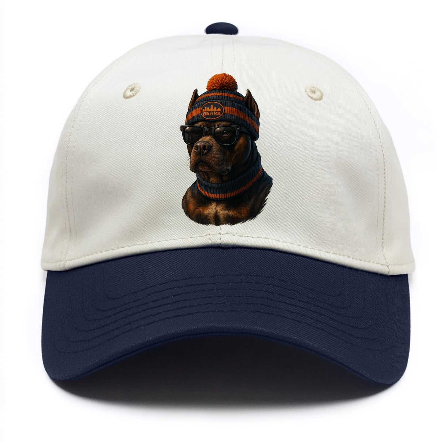 Chicago Pitbull wearing Bears beanie with skyline patch and wayfarer sunglasses - Two Tone Cap - Navy