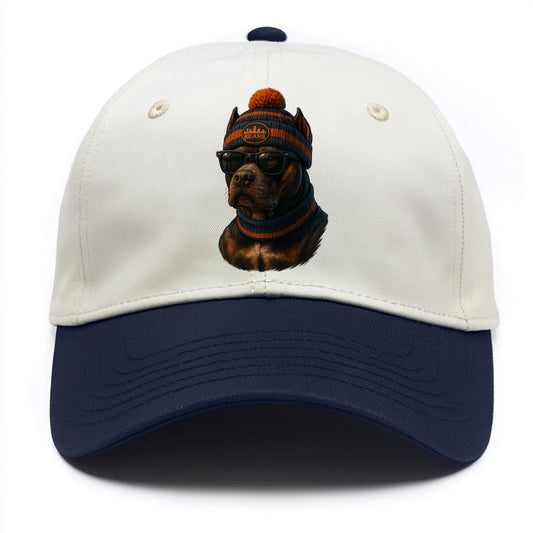 Chicago Pitbull wearing Bears beanie with skyline patch and wayfarer sunglasses - Two Tone Cap - Navy