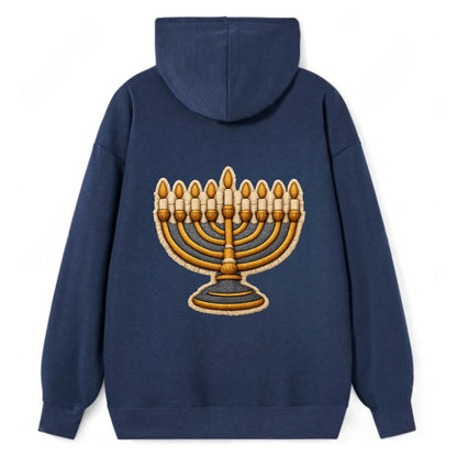 MENORAH LIGHTS - nine branch candelabra in gold and blue , Hanukkah - Classic Pullover Hoodie - Navy