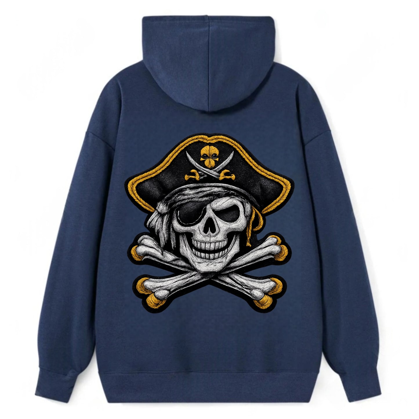 PIRATE SKULL - Jolly Roger skull in black and white , pirate - Classic Pullover Hoodie - Navy