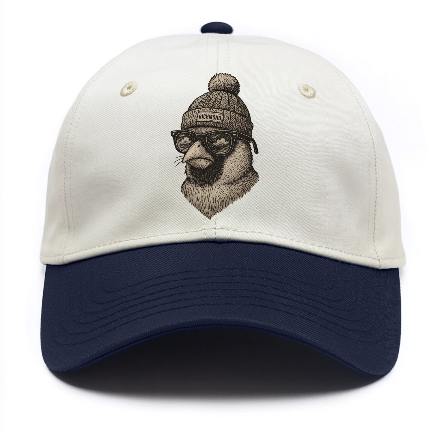 Virginia Cardinal wearing Richmond beanie with pom pom and wayfarer sunglasses - Two Tone Cap - Navy