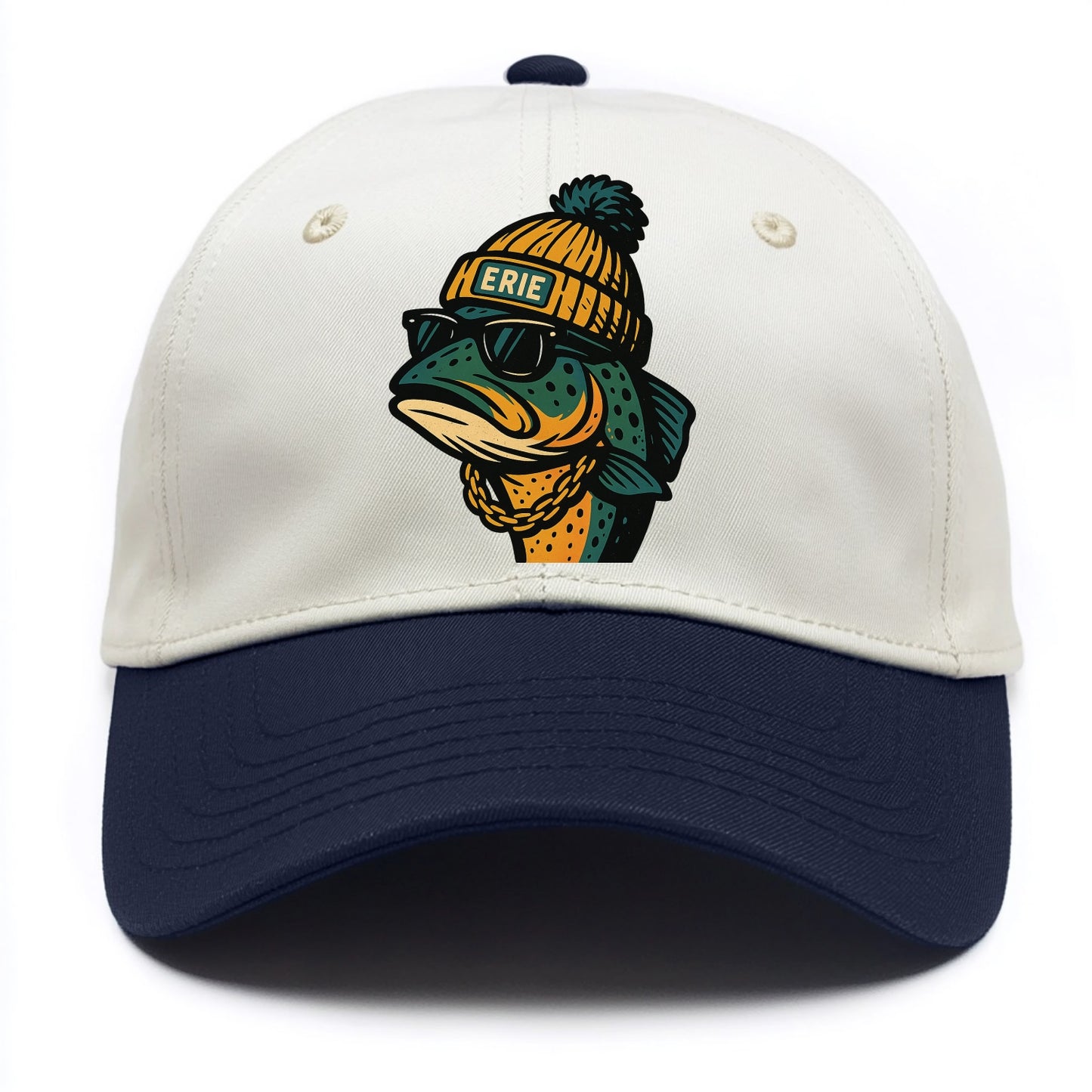 Erie Lake Trout wearing Erie beanie with pom pom and wayfarer sunglasses - Two Tone Cap - Navy