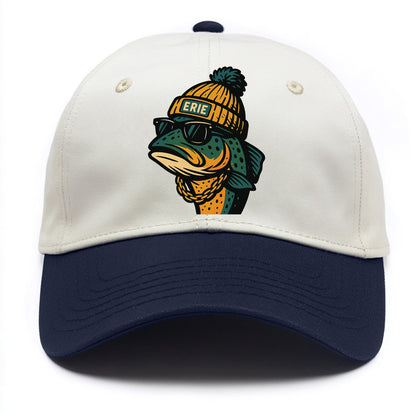 Erie Lake Trout wearing Erie beanie with pom pom and wayfarer sunglasses - Two Tone Cap - Navy