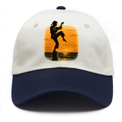 karate crane kick pose on wooden post at beach sunset - Two Tone Cap - Navy