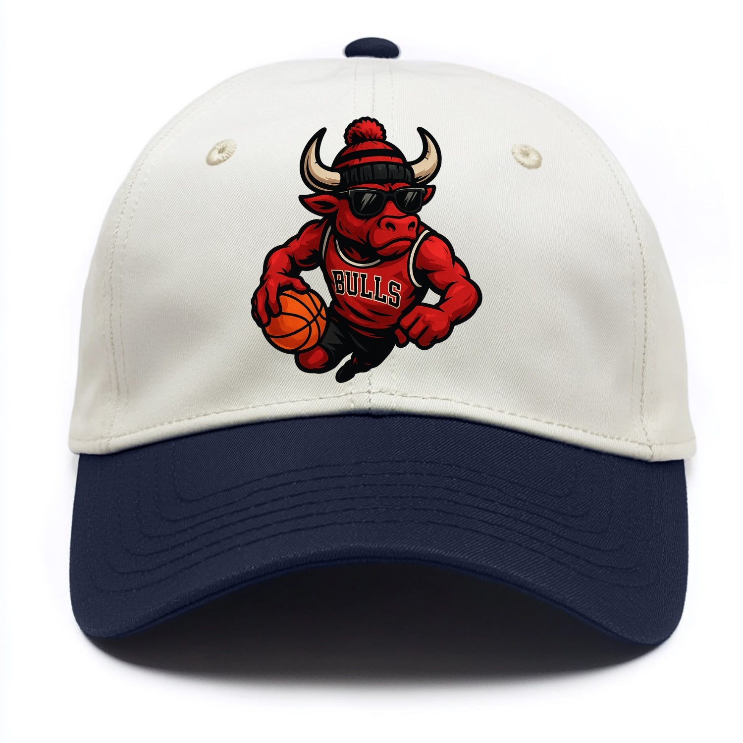 Chicago Bull wearing Bulls red and black beanie with horns design and wayfarer - Two Tone Cap - Navy