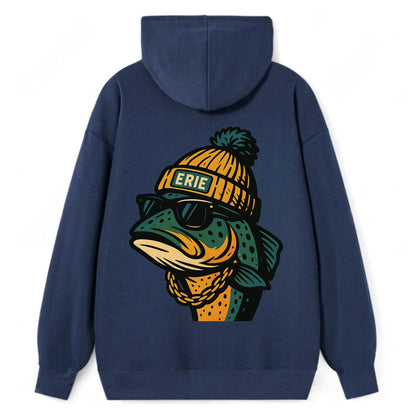 Erie Lake Trout wearing Erie beanie with pom pom and wayfarer sunglasses - Classic Pullover Hoodie - Navy
