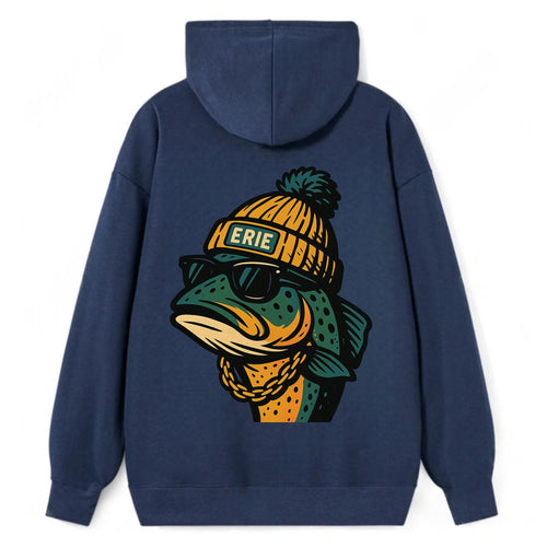 Erie Lake Trout wearing Erie beanie with pom pom and wayfarer sunglasses - Classic Pullover Hoodie