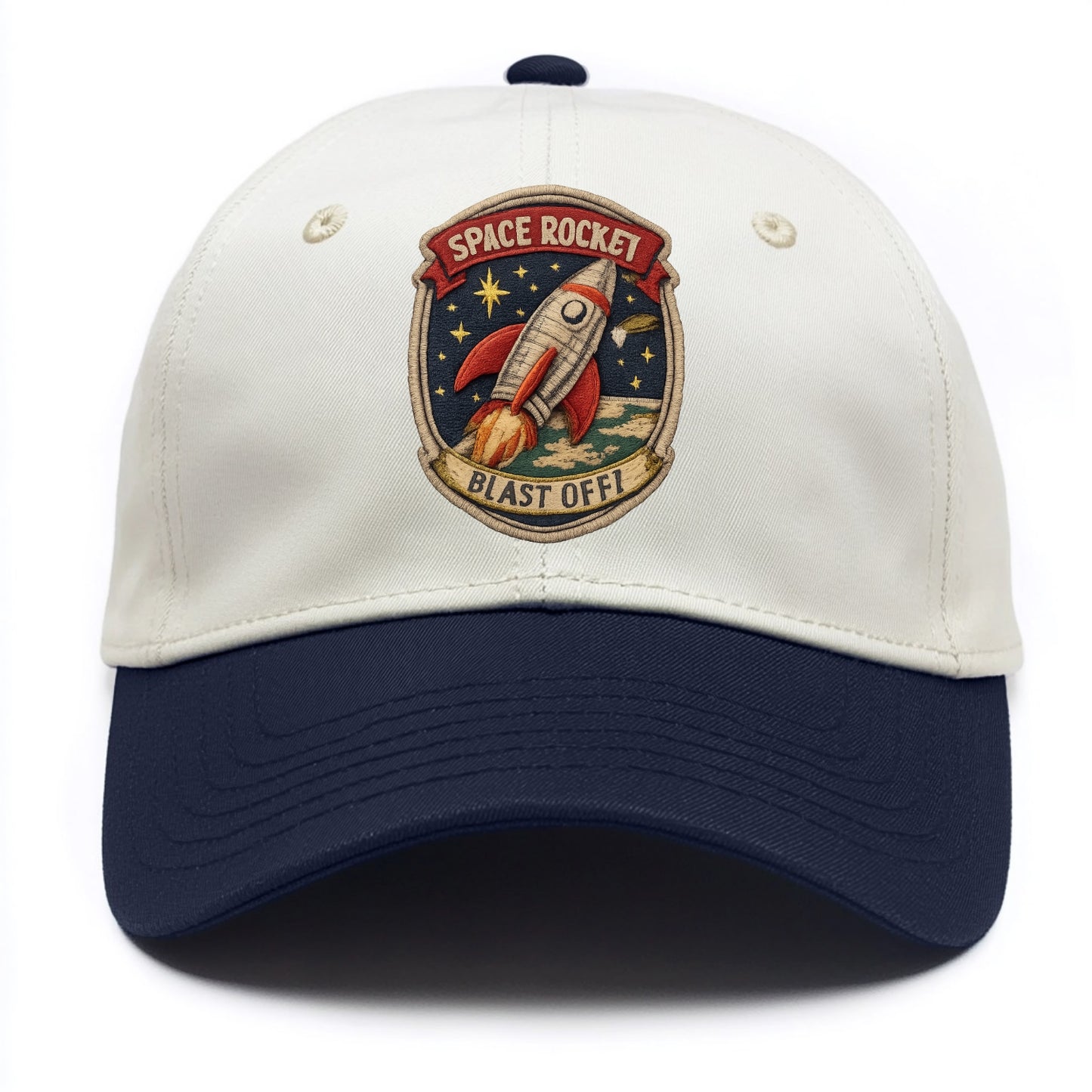 RETRO ROCKET - 1950s space rocket in silver and red , atomic age - Two Tone Cap - Navy