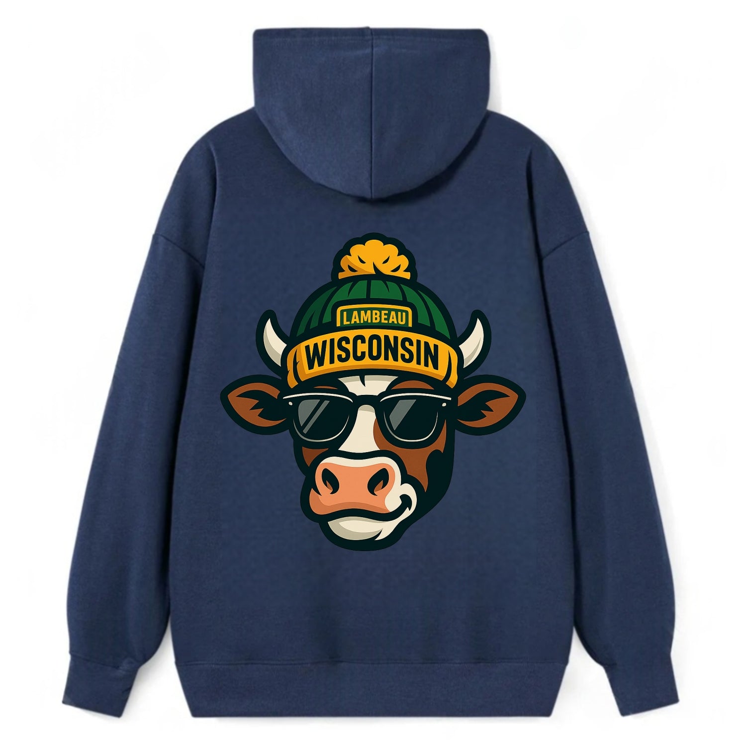 Wisconsin Cow wearing Packers beanie with Lambeau patch and wayfarer - Classic Pullover Hoodie - Navy