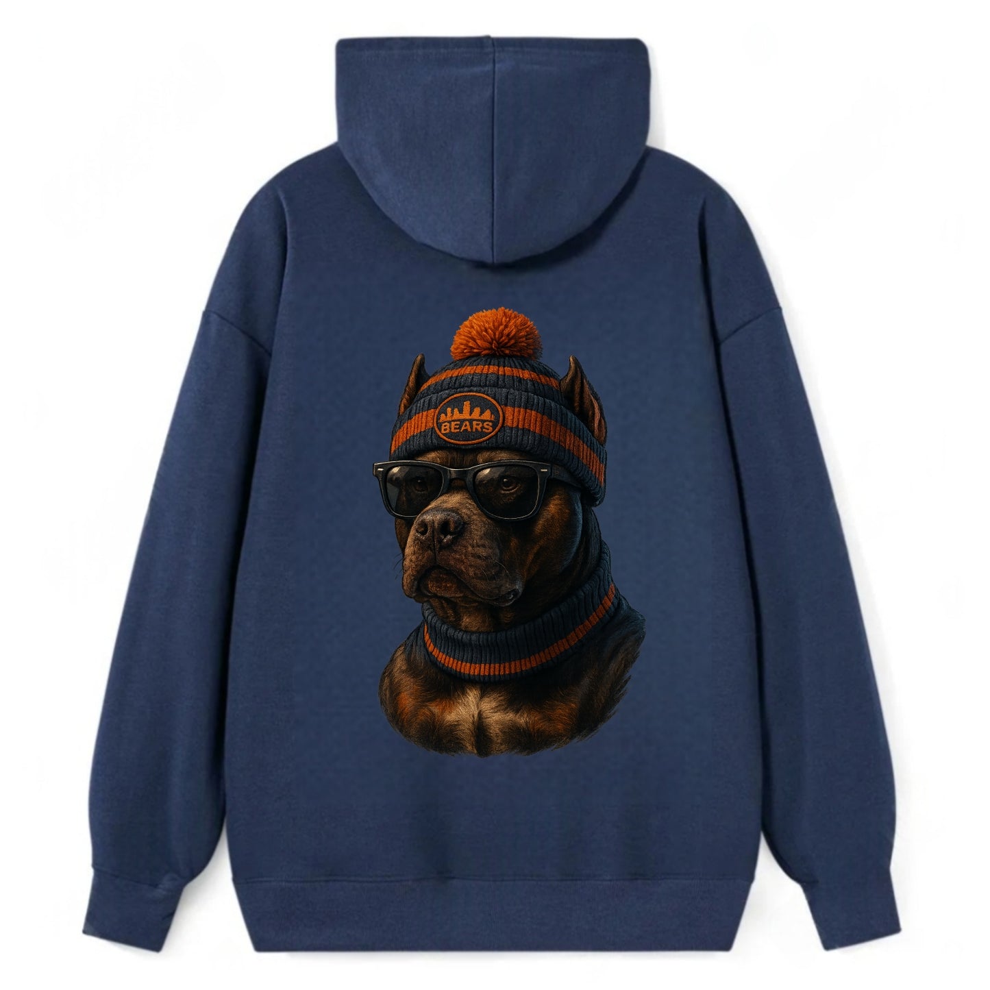 Chicago Pitbull wearing Bears beanie with skyline patch and wayfarer - Classic Pullover Hoodie - Navy