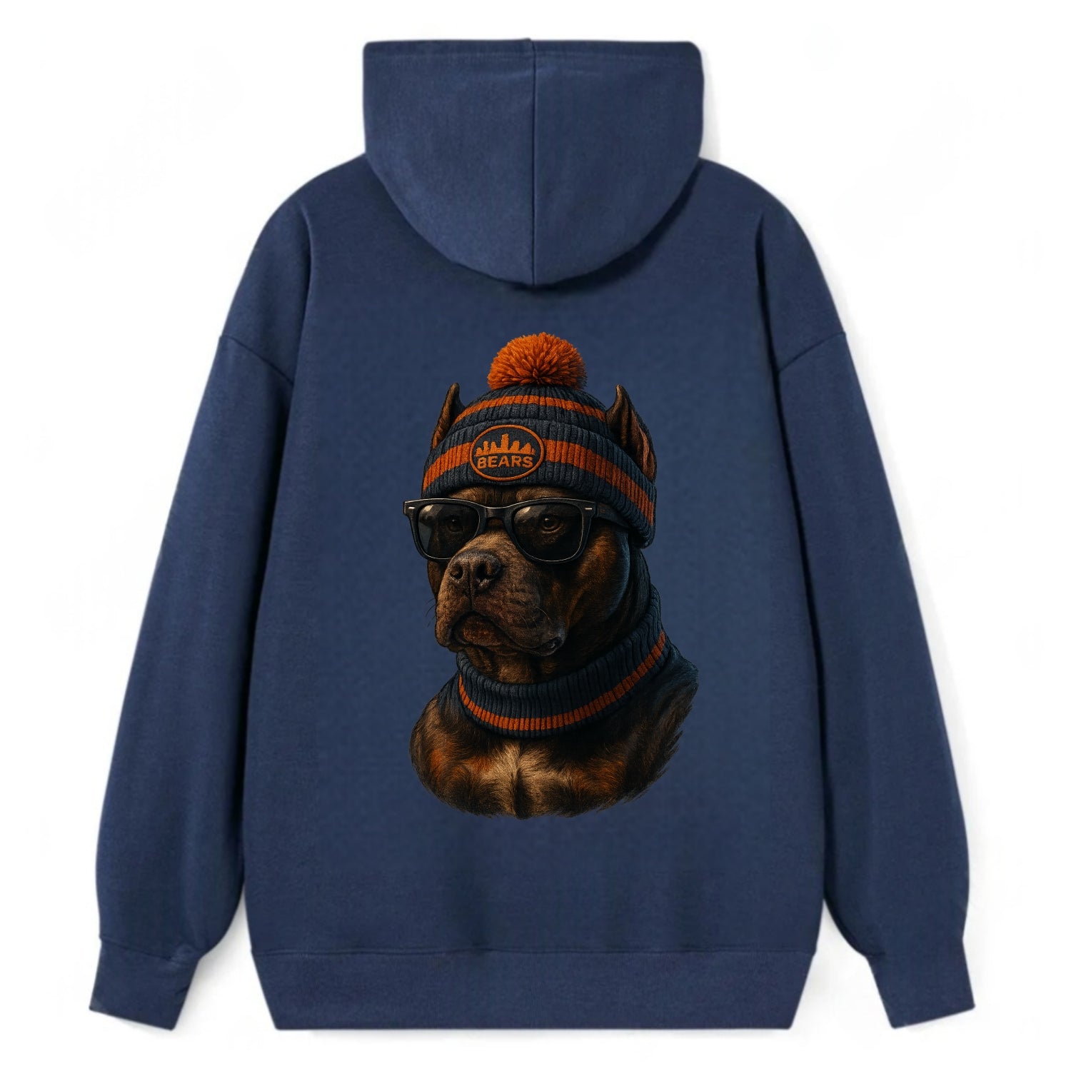 Chicago Pitbull wearing Bears beanie with skyline patch and wayfarer - Classic Pullover Hoodie - Navy