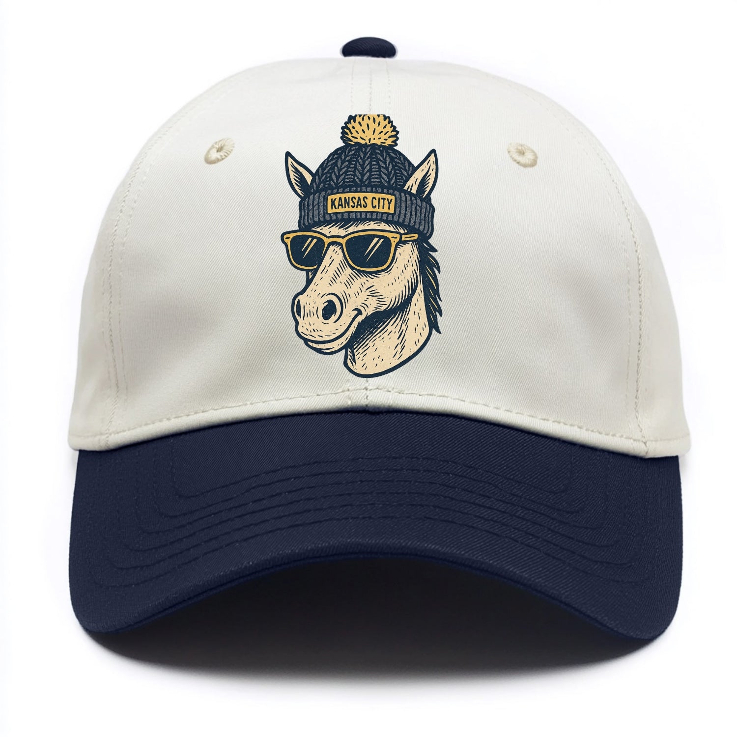 Missouri Mule wearing Kansas City beanie with pom pom and wayfarer sunglasses - Two Tone Cap - Navy