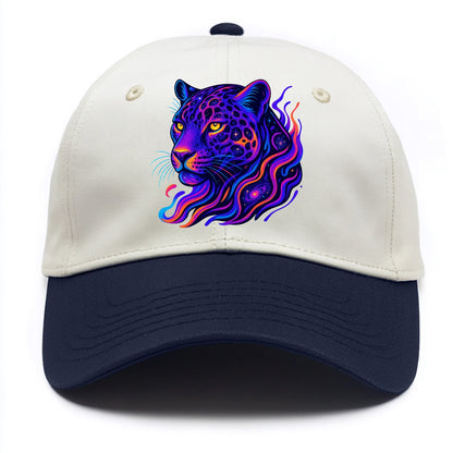 Powerful jaguar with rosettes containing miniature galaxies, cosmic purple and - Two Tone Cap - Navy