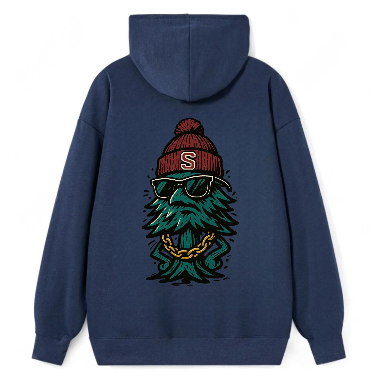 Palo Alto Tree wearing Stanford beanie with S patch - Classic Pullover Hoodie - Navy