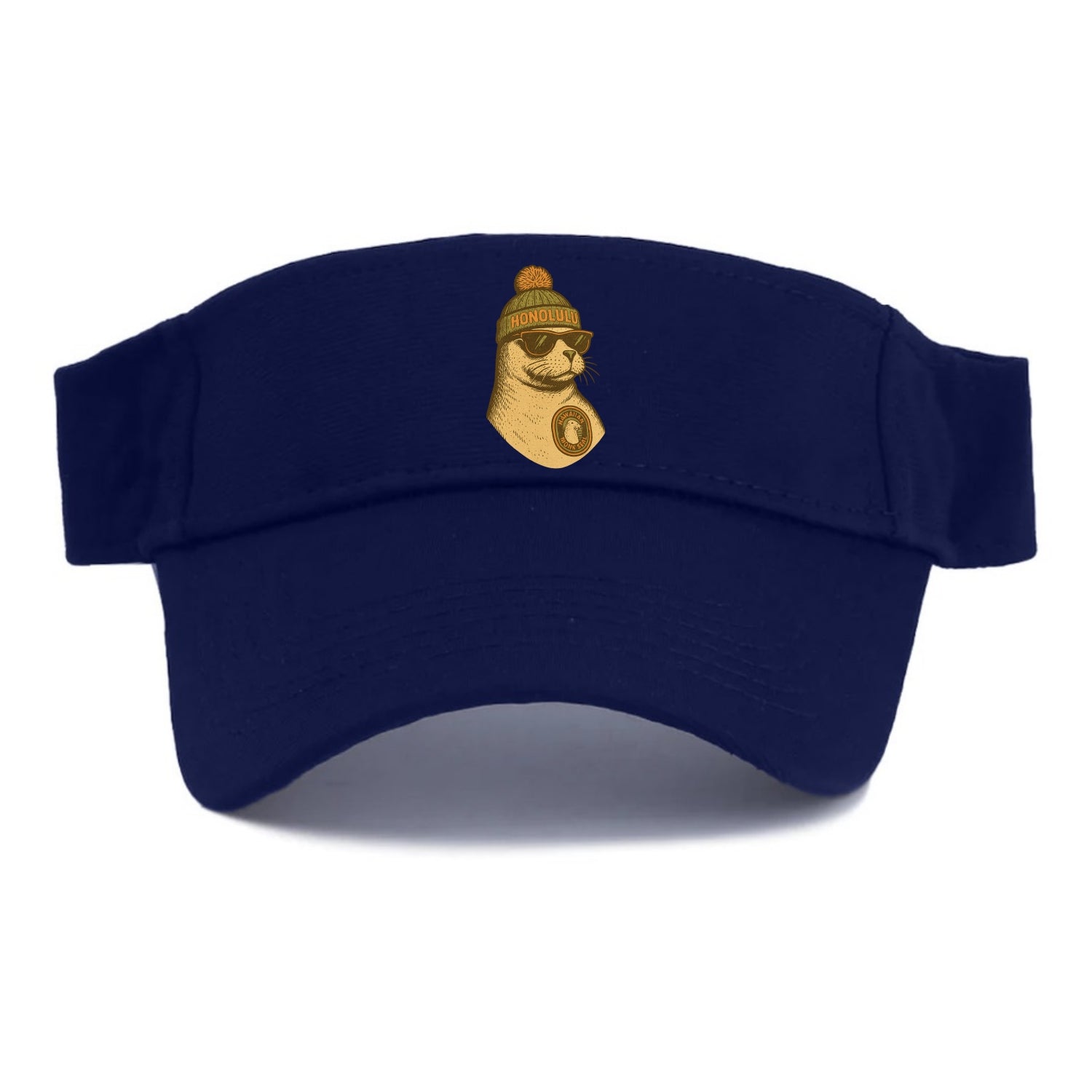 Hawaii Monk Seal wearing Honolulu beanie with pom pom and wayfarer sunglasses - Visor - Navy